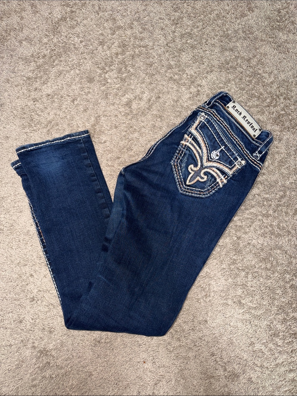 Rock Revival Dark Blue Straight Leg Jeans with Embroidered Back Pocket
